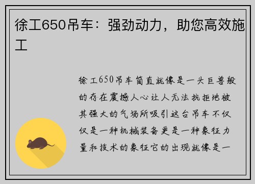 徐工650吊车:强劲动力,助您高效施工
