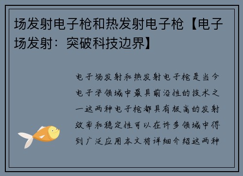 场发射电子枪和热发射电子枪【电子场发射:突破科技边界】